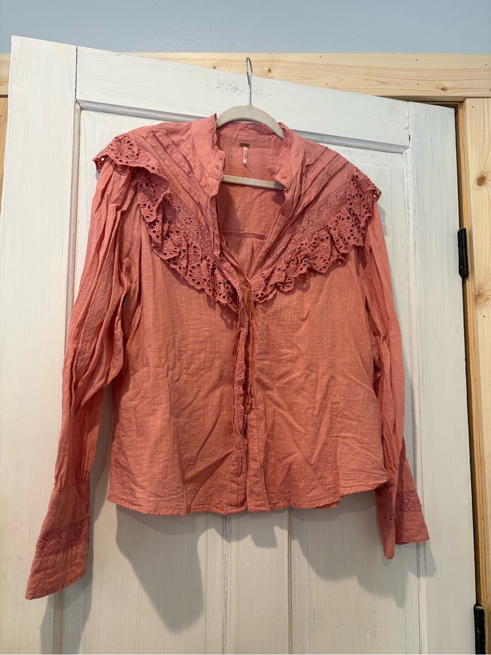 Free people Pink Lace-Trim Button Front Top